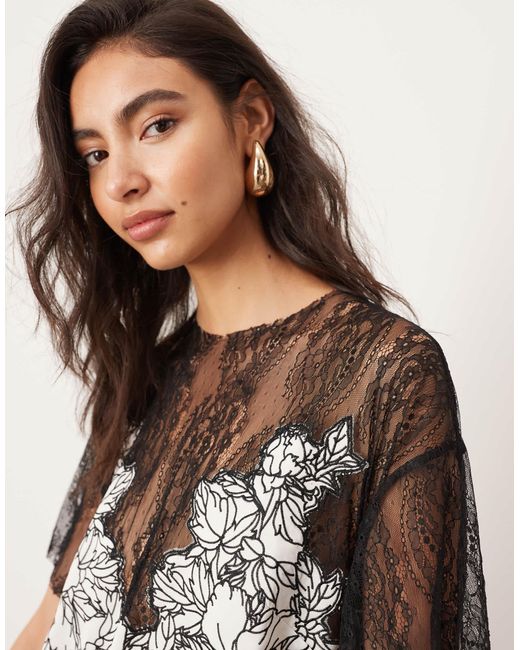 ASOS Satin And Contrast Lace Applique Embroidered Column Midi Dress in  White | Lyst