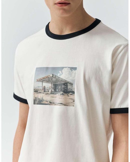 Pull&Bear White Short Sleeve T-shirt With Graphic Detail for men