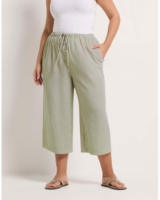 Yours Clothing Natural Stripe Linen Look Cropped Trousers