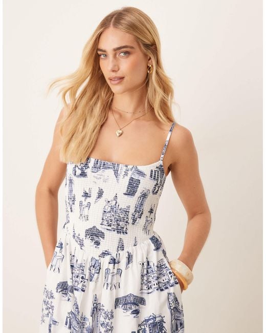 Abercrombie & Fitch White – gesmoktes popeline-midikleid mit tiefem taillenbund