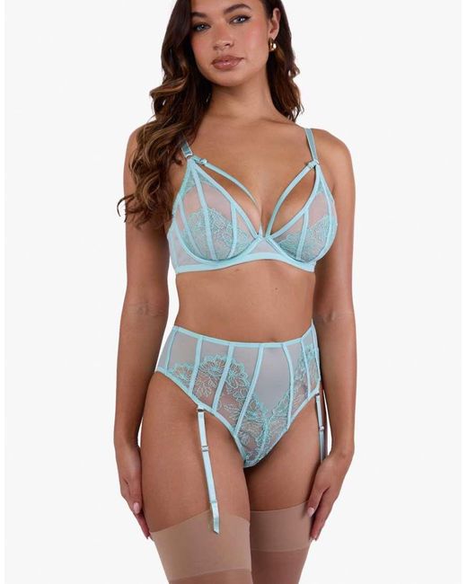 Playful Promises Blue Valerie Embroidery & Mesh High Waist Suspender Thong