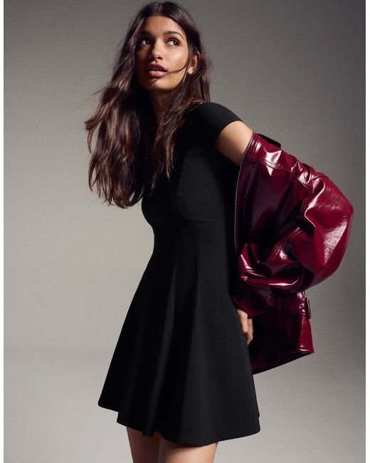 Bershka Brown Bengaline Mini Dress With Flared Skirt