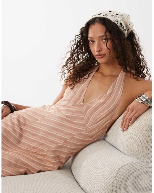 ASOS Natural Cotton-linen Blend Halter Neck Mini Sundress With Sculpted Bust