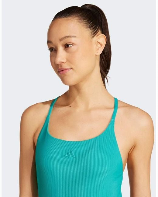 Adidas Originals Blue Iconisea Ribbed Padded Thin Straps Swimsuit