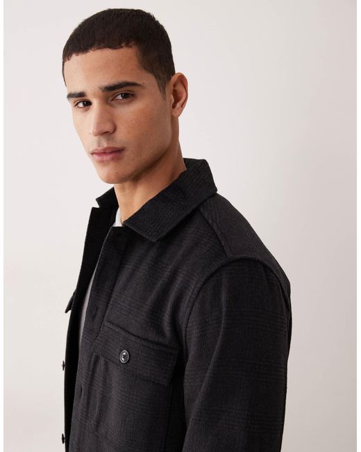Mango Black Wool Mix Checked Overshirt for men
