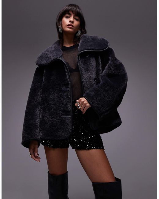ARKET Black Oversized Faux Shearling Jacket With Funnel Neck And Contrast Edging