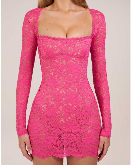 Oh Polly Pink Lace Square Neck Long Sleeve Mini Dress