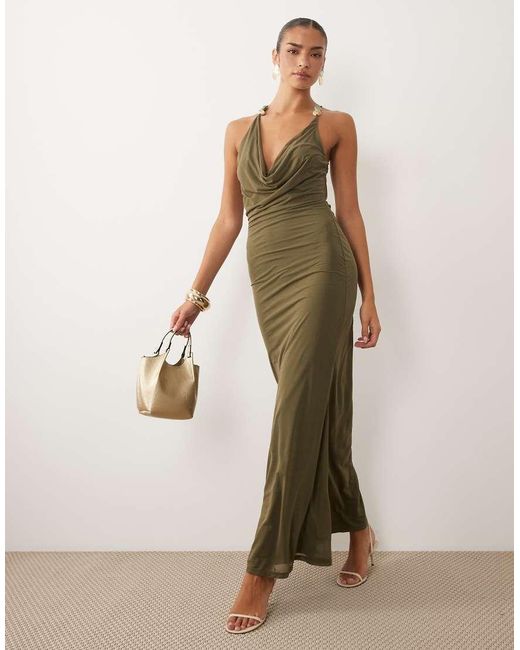 ASOS Natural Stretch Chiffon One Shoulder Maxi Dress With Cowl