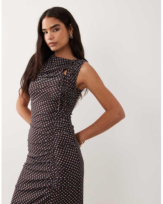 Ghospell Brown Mesh Overlay Sleeveless Ruched Detail Slinky Midi Dress