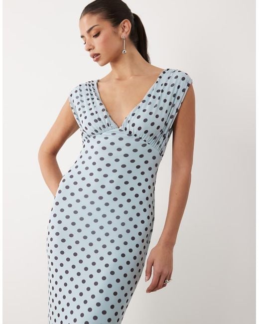 ASOS Blue V Neck Fishtail Polka Dot Print Maxi Dress