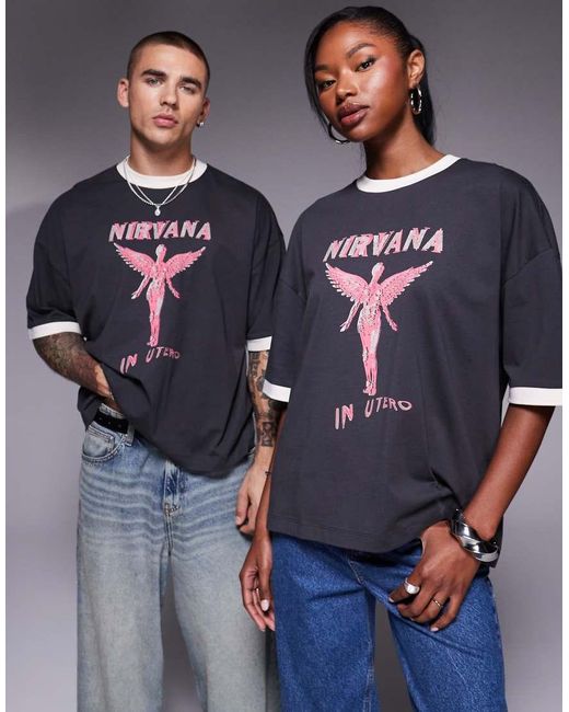 Camiseta Gris Carbón De Corte Cuadrado Extragrande Con Ribetes Y Estampado De Nirvana En El Pecho De ASOS de color Blue