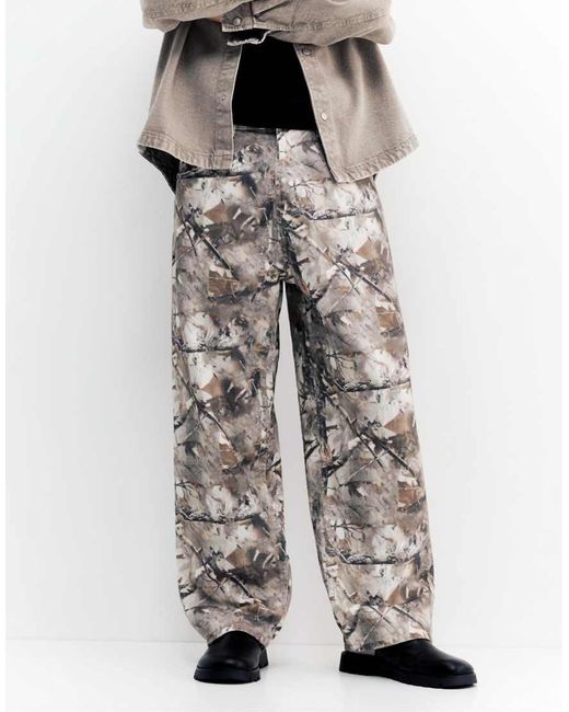 Pull&Bear White Printed Trousers With Pockets for men