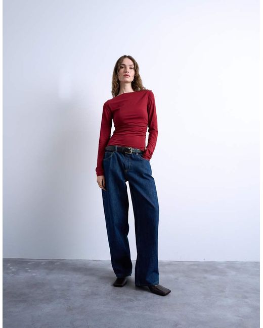 TOPSHOP Red Modal Ruched Slash Neck Long Sleeve Top