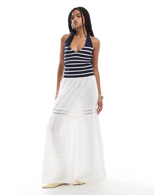 Top Azul Marino A Rayas Blancas Con Cuello Halter De Pico De Punto Fino De Pimkie de color Blue