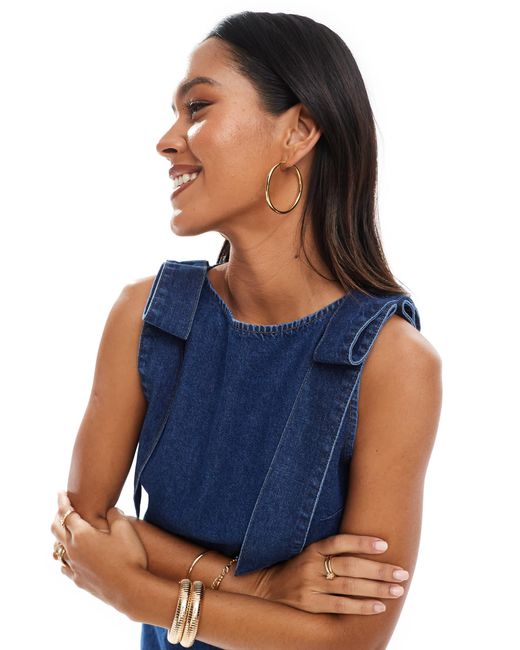 ASOS Blue Denim Mini Shift Dress With Bow Shoulders
