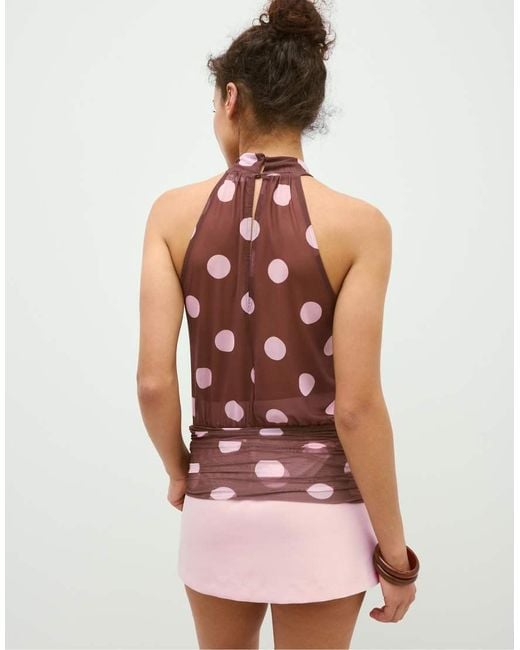 Stradivarius Pink Puff Mesh Print Halter Top