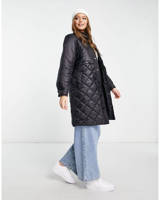 Pieces Quilted Longline Coat in Blue | Lyst