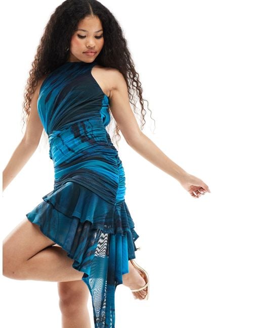 ASOS Blue Asos Design Petite High Neck Mesh Mini Dress With Ruched Asymmetric Hem