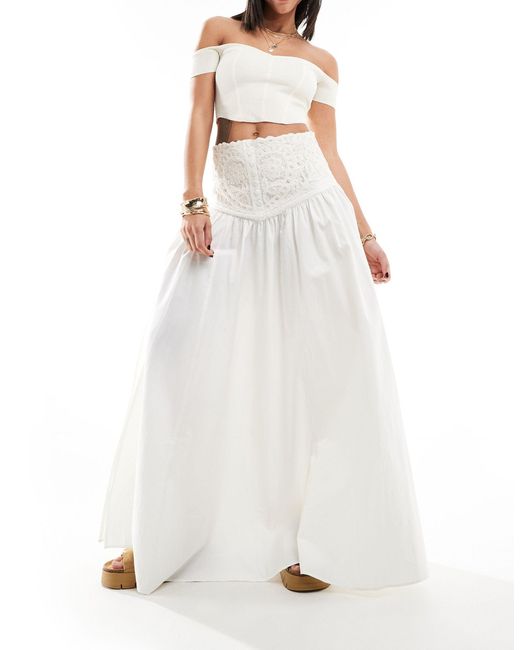 Free People White Embroidered Panel Maxi Skirt