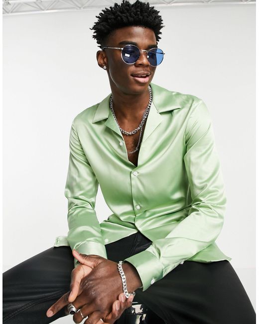 ASOS Skinny Fit Satin Shirt With 70s Collar in Green for Men | Lyst