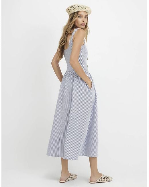 River Island Blue Cotton Blend Textured Stripe Midi Dress