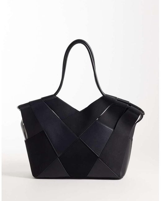 ASOS Black Faux Suede And Faux Leather Mix Weave Tote Bag