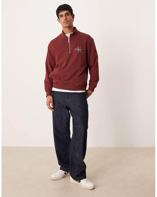 Calvin Klein Red Monologo Quarter Zip Jumper for men
