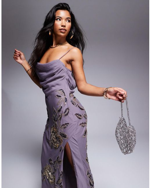ASOS Corset Lace Bodice Cowl Front Embellished Maxi Dress With Side Split in Blue Lyst