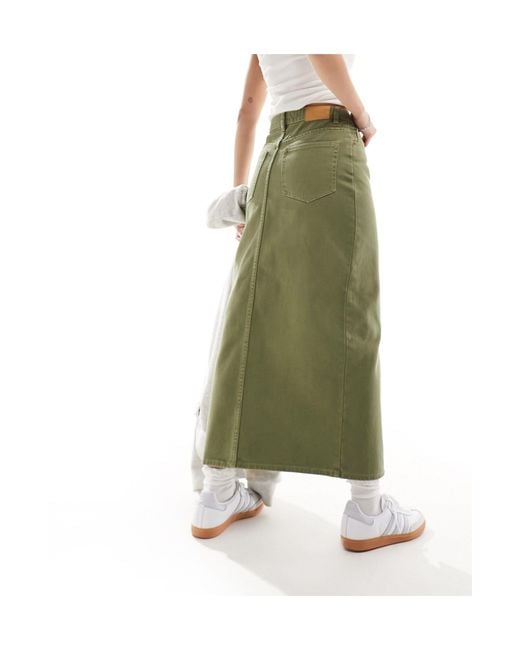 Monki Green Denim Midi Skirt With Split
