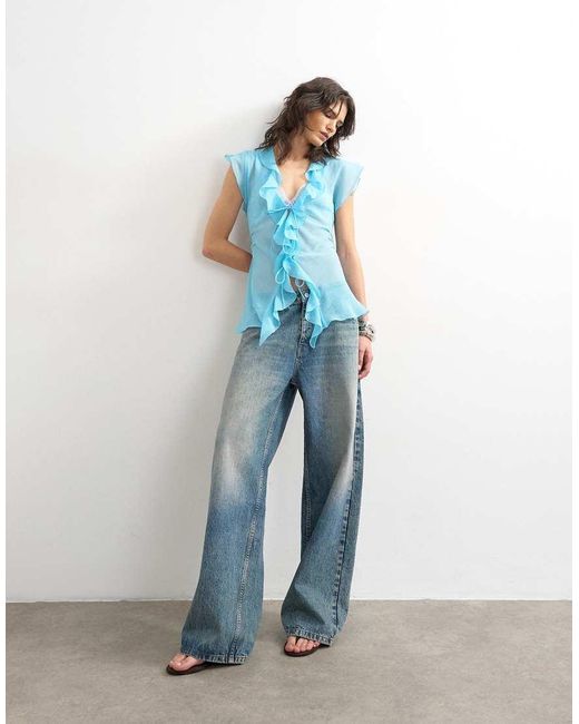 TOPSHOP Blue Ruffle V Neck Top