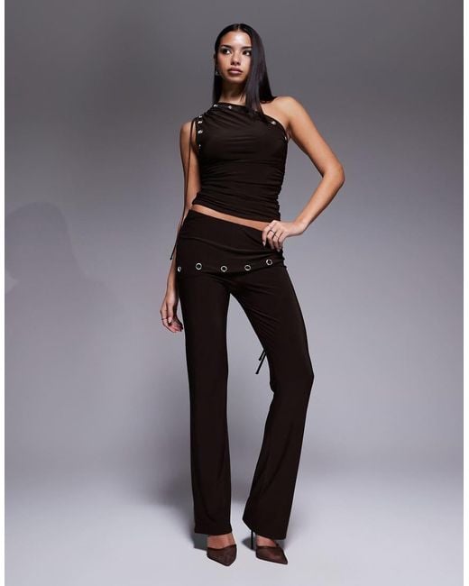 Kaiia Black Exclusive Double Layered Slinky Eyelet Detail Ruched One Shoulder Top Co-Ord