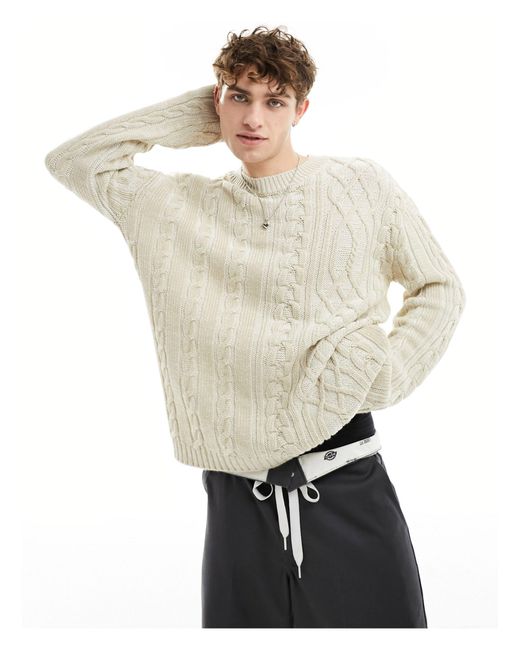 Collusion White Plated Mixed Cable Crew Neck Jumper for men