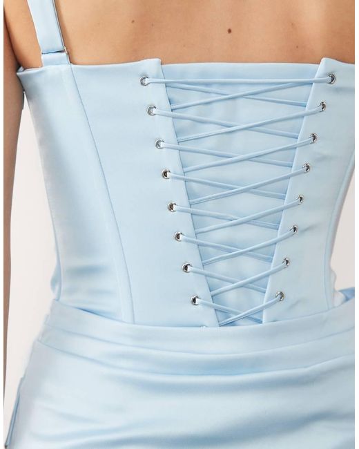 Oh Polly Blue Satin Corset Drape Detail Mini Dress