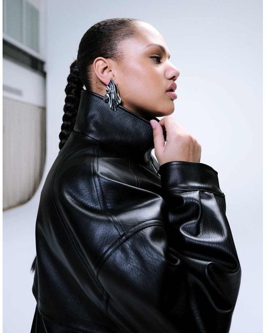 ASOS Black Asos Design Curve Oversized Leather Look Funnel Bomber Jacket