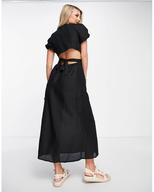 New Look Black Linen Blend Puff Sleeve Midi Dress With Cut Out Detail
