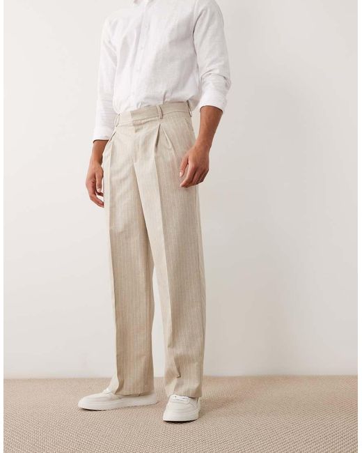 ASOS Natural Linen Mix Smart Pleated Wide Leg Pants for men