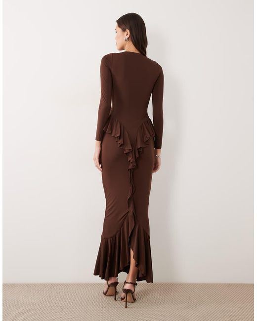 Ruched & Ready Brown Sculpting Long Sleeve Ruffle Drape Detail Maxi Dress