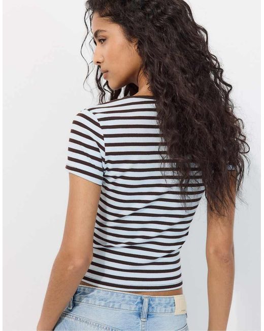 Stradivarius Gray Basic Slim Fit Striped T-shirt