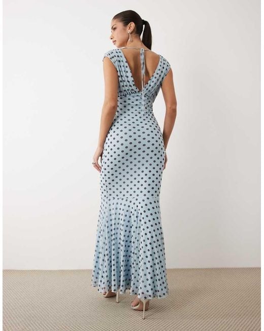 ASOS Blue V Neck Fishtail Polka Dot Print Maxi Dress