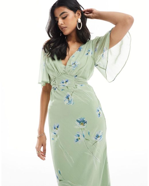 Hope & Ivy Green Flutter Sleeve Maxi Dress