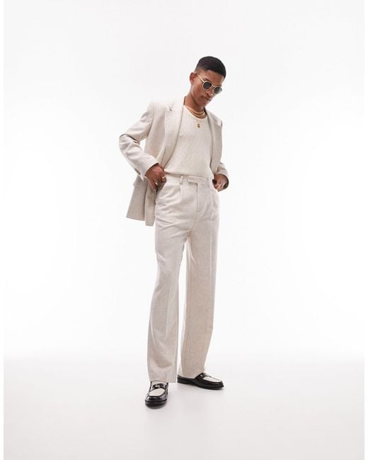 Topman Natural High Waisted Wide Leg Wool Mix Suit Trousers for men