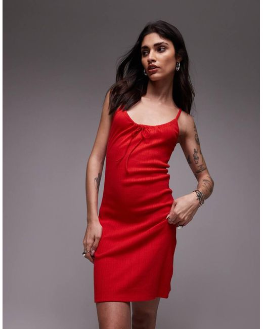 TOPSHOP Pointelle Tie Front Mini Dress in Red | Lyst UK