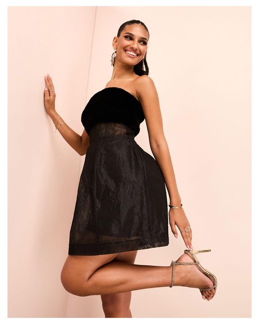 ASOS Black Corseted Lace Caged Skirt Mini Dress With Faux Fur Bust
