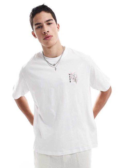 T-Shirt Oversize Bianca Con Stampa Di Fiori E Scritta di Jack & Jones in White da Uomo