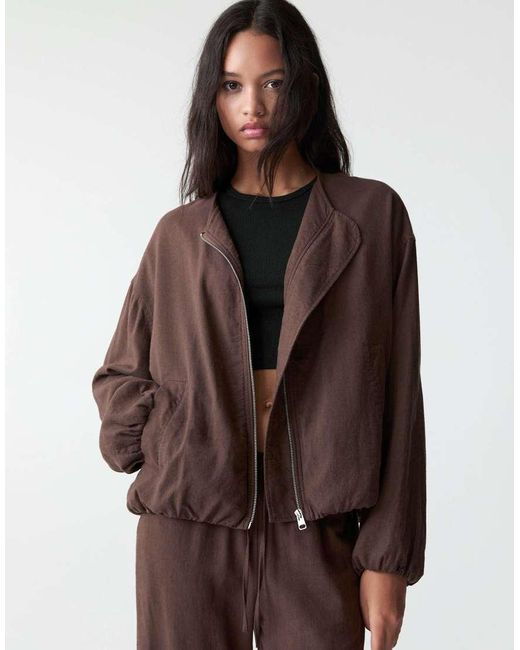 Pull&Bear Brown Linen Blend Bomber Jacket