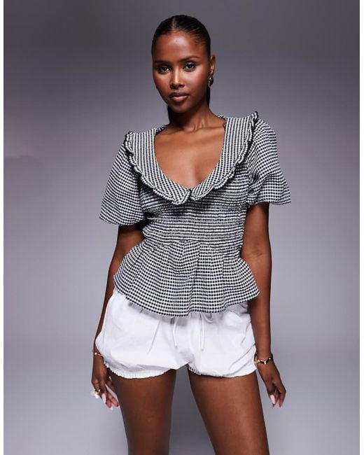 River Island Gray Puff Sleeve Gingham Shirred Top