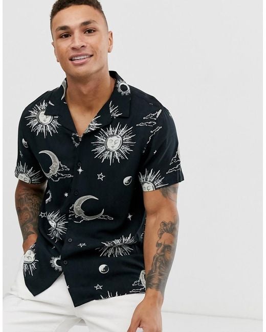 Camisa de viscosa negra con estampado de sol y luna y cuello de solapas New  Look de hombre de color Negro | Lyst