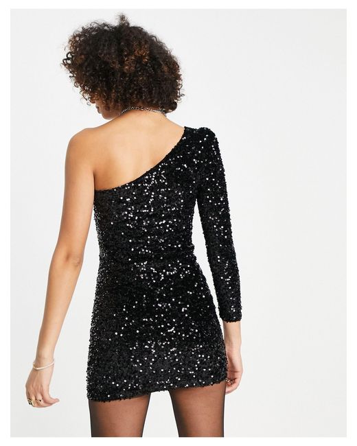 TOPSHOP One Shoulder Sequin Velvet Mini Dress in Black | Lyst Australia