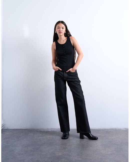 TOPSHOP Geribbeld Hemdje Met Knopen in het Black