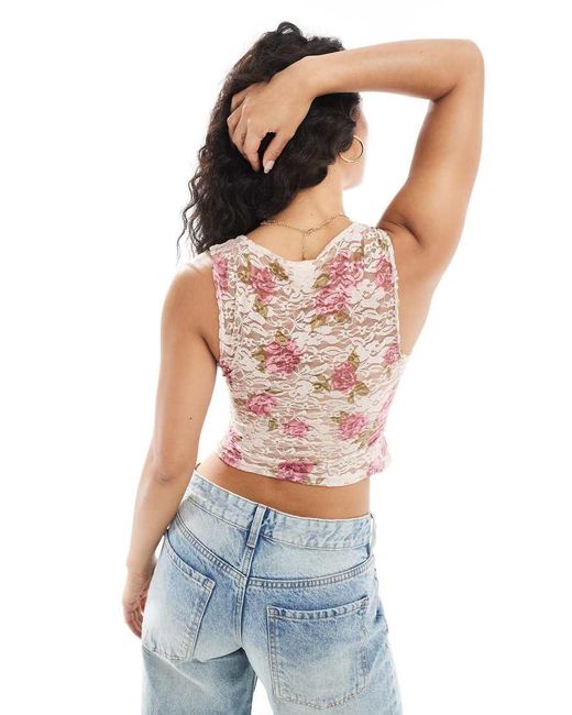 Miss Selfridge Pink Printed Lace Bow Detail Floral Corset Top